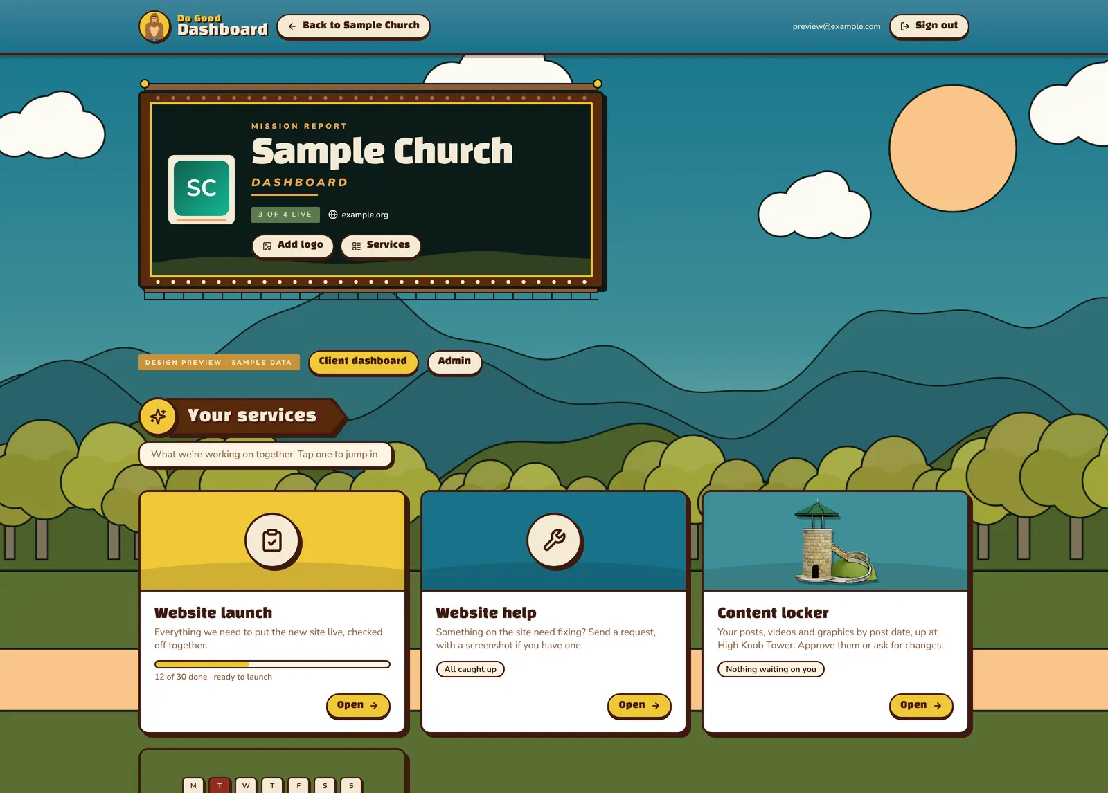 A client dashboard in the Woodbooger scene: the organization's name on a sign, the service tiles and their numbers
