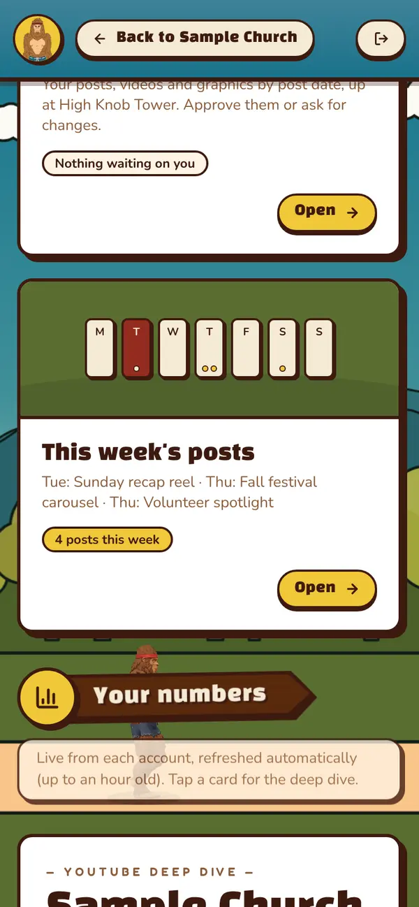 The dashboard on a phone: the content locker tile and this week's posts