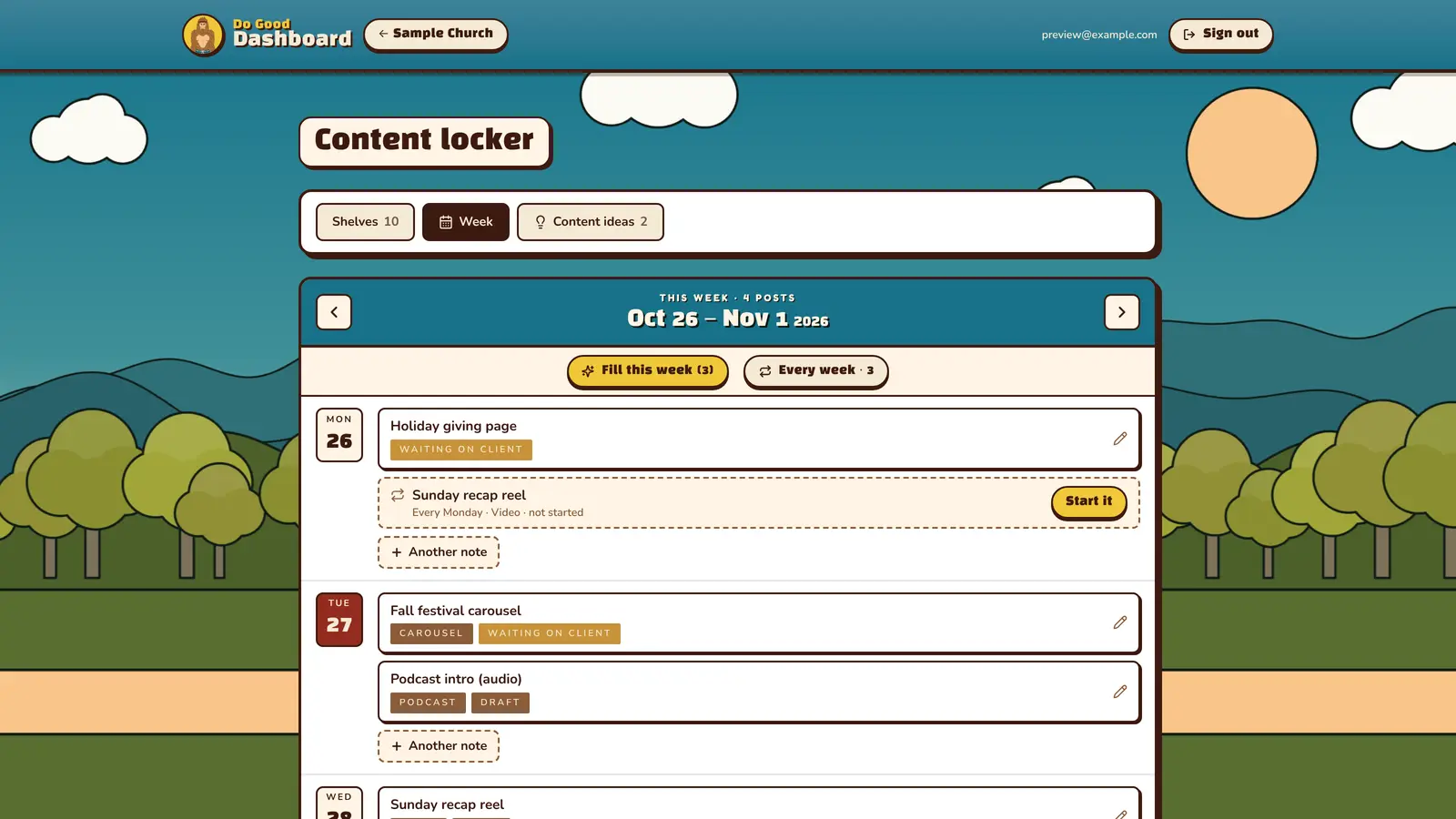 The content locker's Week view: seven days, the posts on each, and the posts made every week